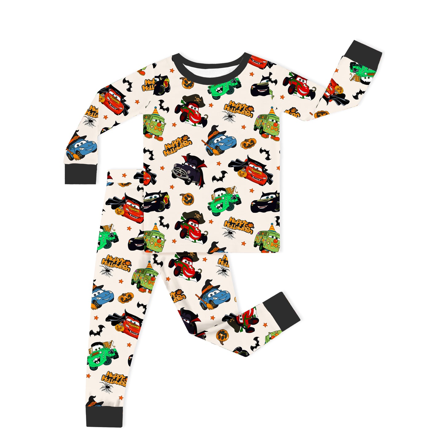 Halloween Smiley Face Car and Bus Pumpkin Kids Two-Piece Pajama Set