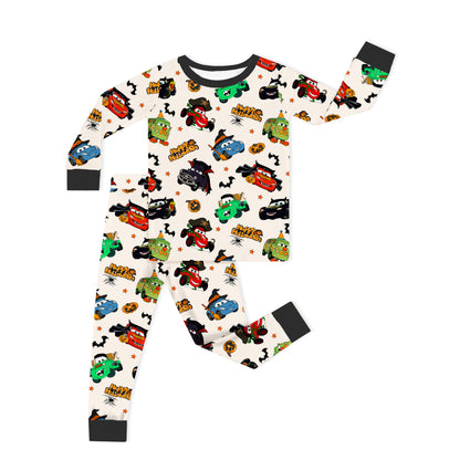 Halloween Smiley Face Car and Bus Pumpkin Kids Two-Piece Pajama Set