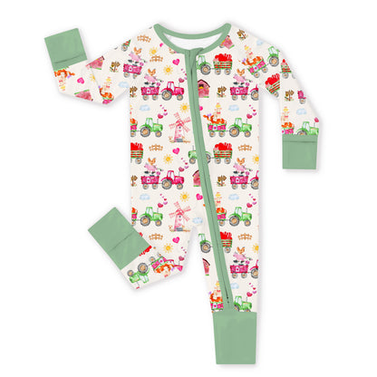 Valentine Farm Adventure Ride and Hearts Green Bamboo Zipper Romper Pajamas