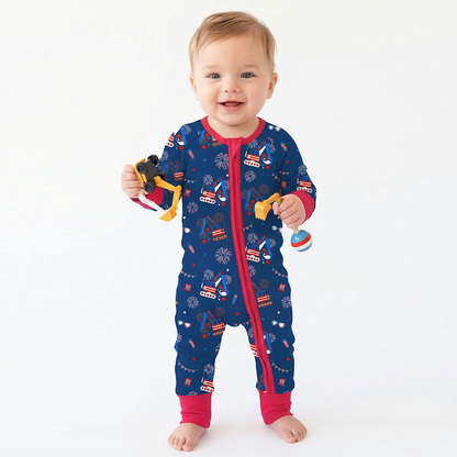 4th of July Red White Fireworks and Truck Baby Bamboo Zipper Pajama Romper