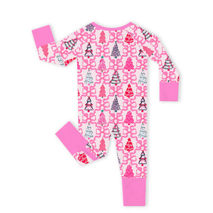Christmas Coquette Bow Trees Baby Bamboo Zipper Pajama Romper