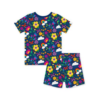 Kids Bamboo Two-Piece Pajama Set Sunny Rainbow Garden and Playful Petals