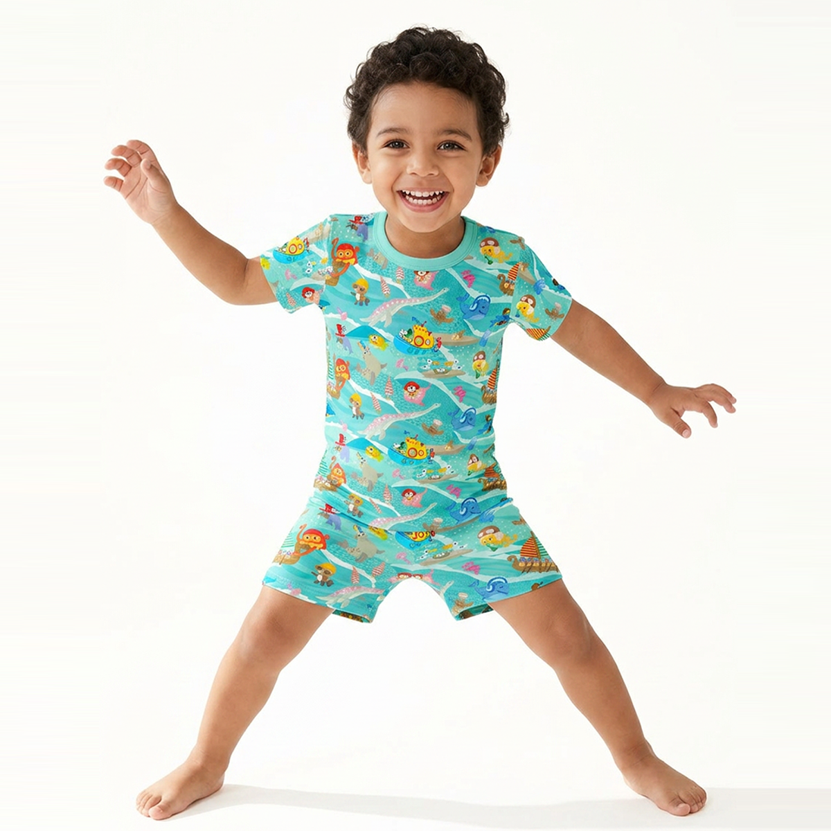 Kids Bamboo Two-Piece Pajama Set Ocean Sailboat and Sea Animal Parade