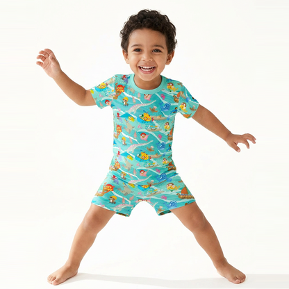 Kids Bamboo Two-Piece Pajama Set Ocean Sailboat and Sea Animal Parade