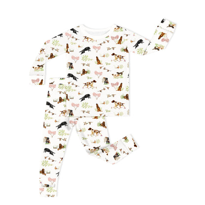 Kids Bamboo Two-Piece Pajama Set Hunting Puppy Dog and Game Bird