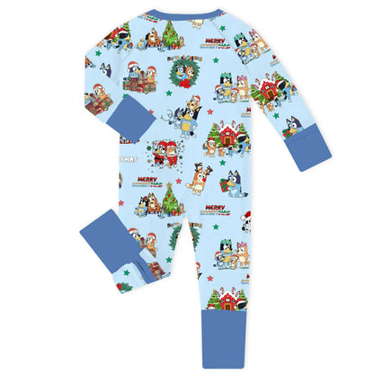 Christmas Dog Friends and Trees Gifts on Sky Blue Baby Bamboo Zipper Romper Pajamas