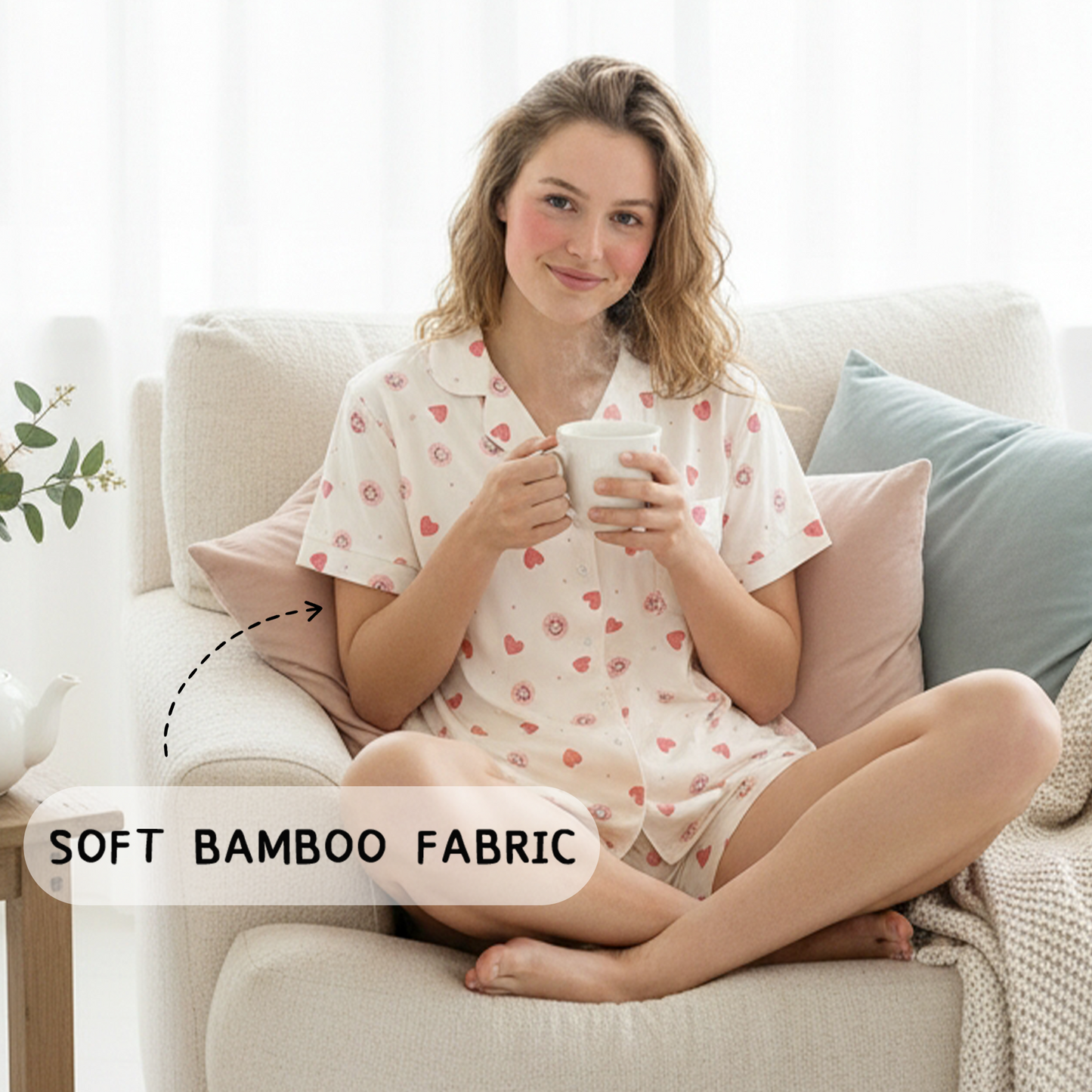 Sweet Hearts and Smiley Faces Pink Women's Bamboo Short Sleeve Pajama Set