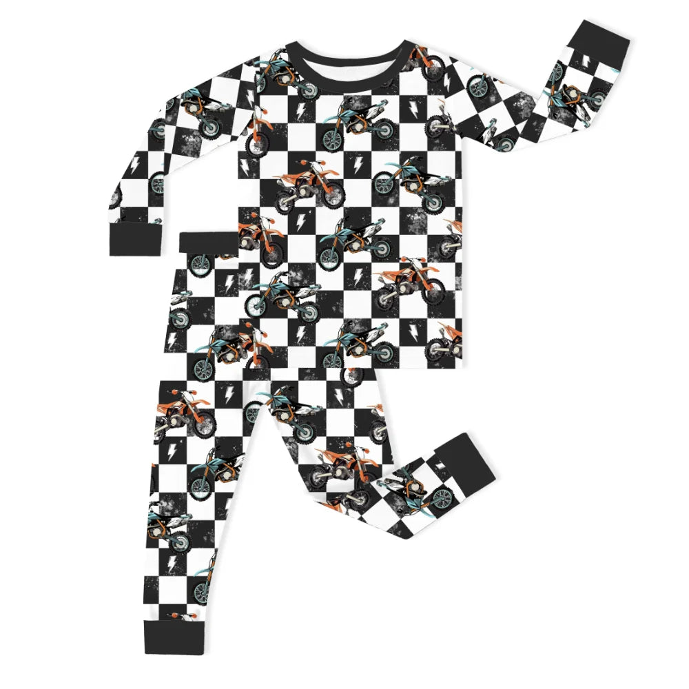Black-White Checkered Motorcycle and Lightning Kids Bamboo Two-Piece Pajama Set
