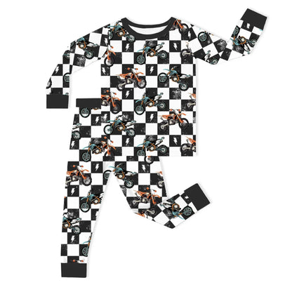 Black-White Checkered Motorcycle and Lightning Kids Bamboo Two-Piece Pajama Set
