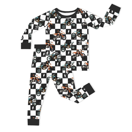 Black-White Checkered Motorcycle and Lightning Kids Bamboo Two-Piece Pajama Set