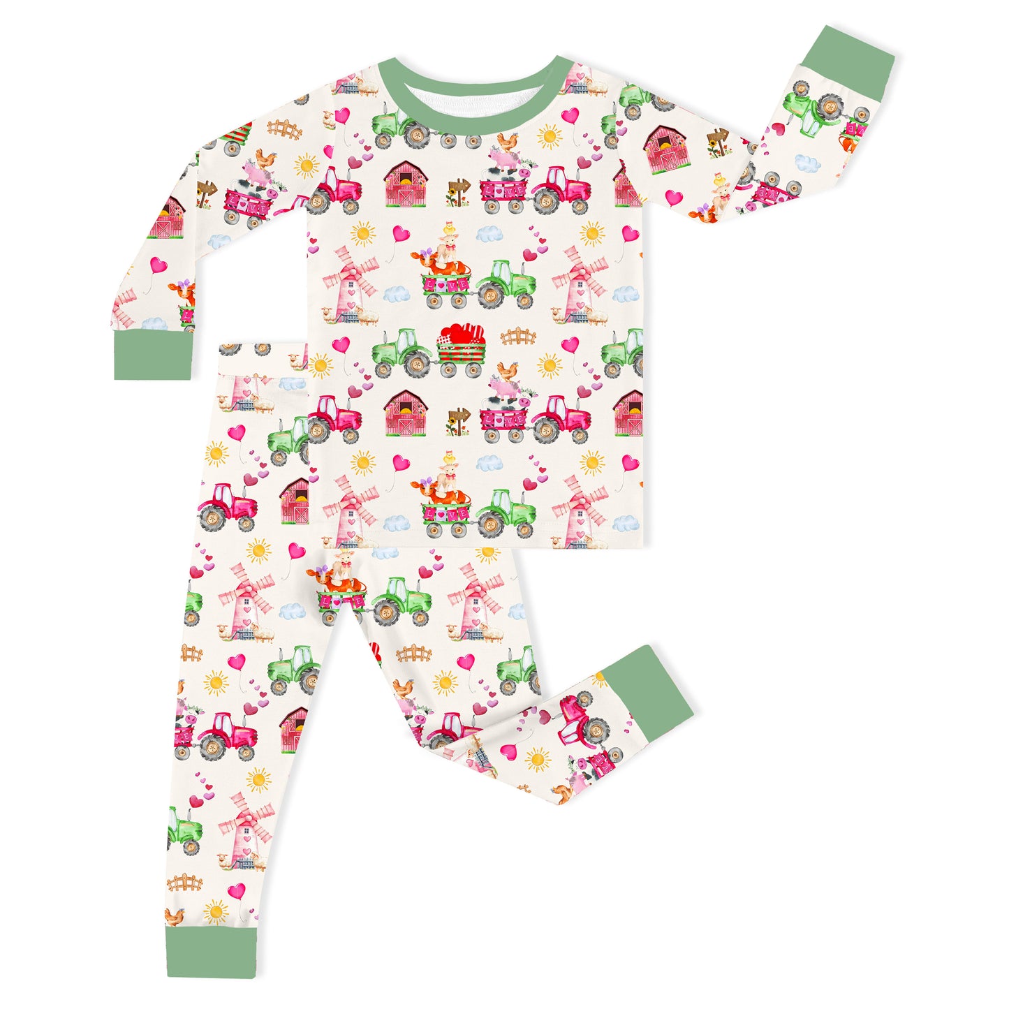 Valentine Farm Adventure Ride and Hearts Green Kids Bamboo Two-Piece Pajama Set