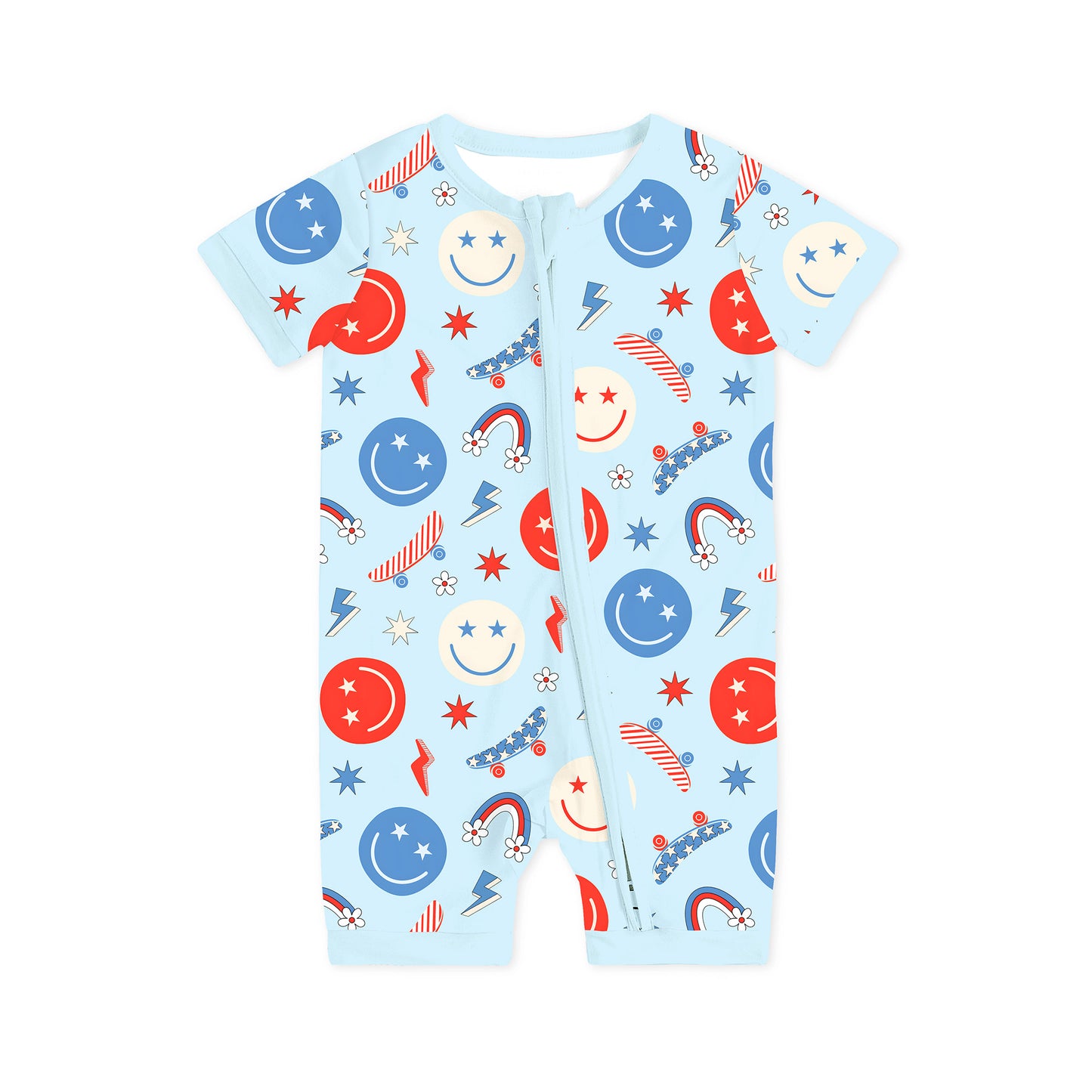 4th of July Smiley Faces and Colorful Rainbows Sky Blue Short Bamboo Zippy Baby Romper