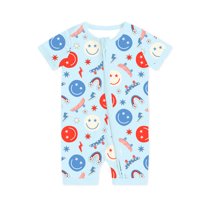 4th of July Smiley Faces and Colorful Rainbows Sky Blue Short Bamboo Zippy Baby Romper