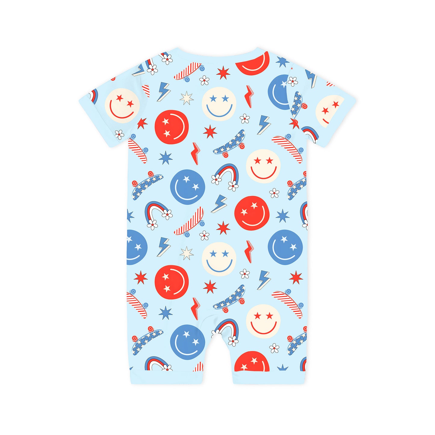 4th of July Smiley Faces and Colorful Rainbows Sky Blue Short Bamboo Zippy Baby Romper