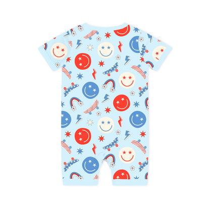 4th of July Smiley Faces and Colorful Rainbows Sky Blue Short Bamboo Zippy Baby Romper