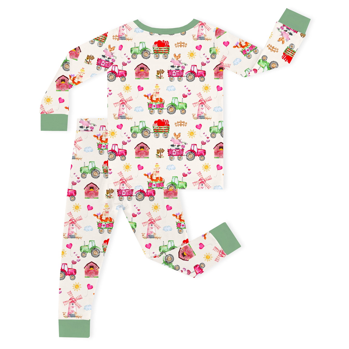 Valentine Farm Adventure Ride and Hearts Green Kids Bamboo Two-Piece Pajama Set