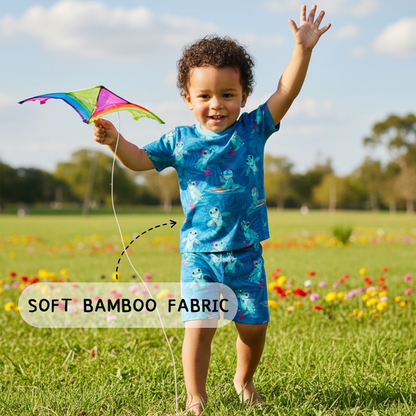 Surfing Dino Ocean Island Kids Bamboo Two-Piece Pajama Short Sleeve Set