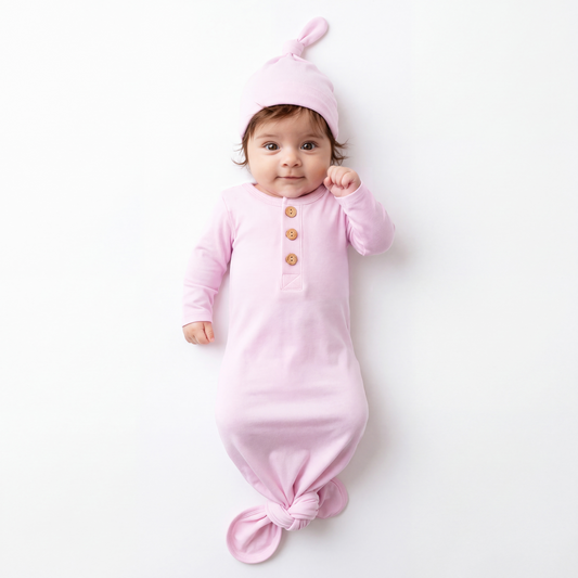 Soft Pink Solid Baby Bamboo Knotted Gown with Hat Set