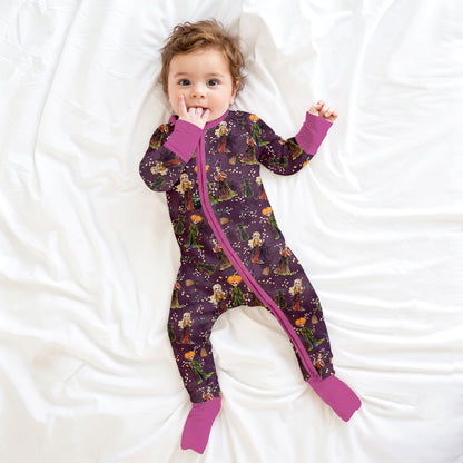 Halloween Hocus Pocus Sisters Witch Purple Bamboo Zipper Romper Pajamas