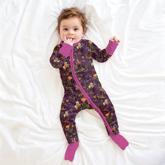 Halloween Hocus Pocus Sisters Witch Purple Bamboo Zipper Romper Pajamas