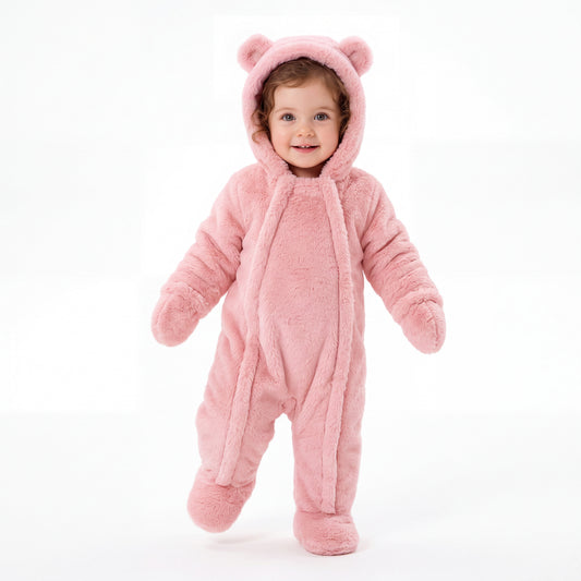 Dusty Rose Baby Bear Fleece Hooded Romper
