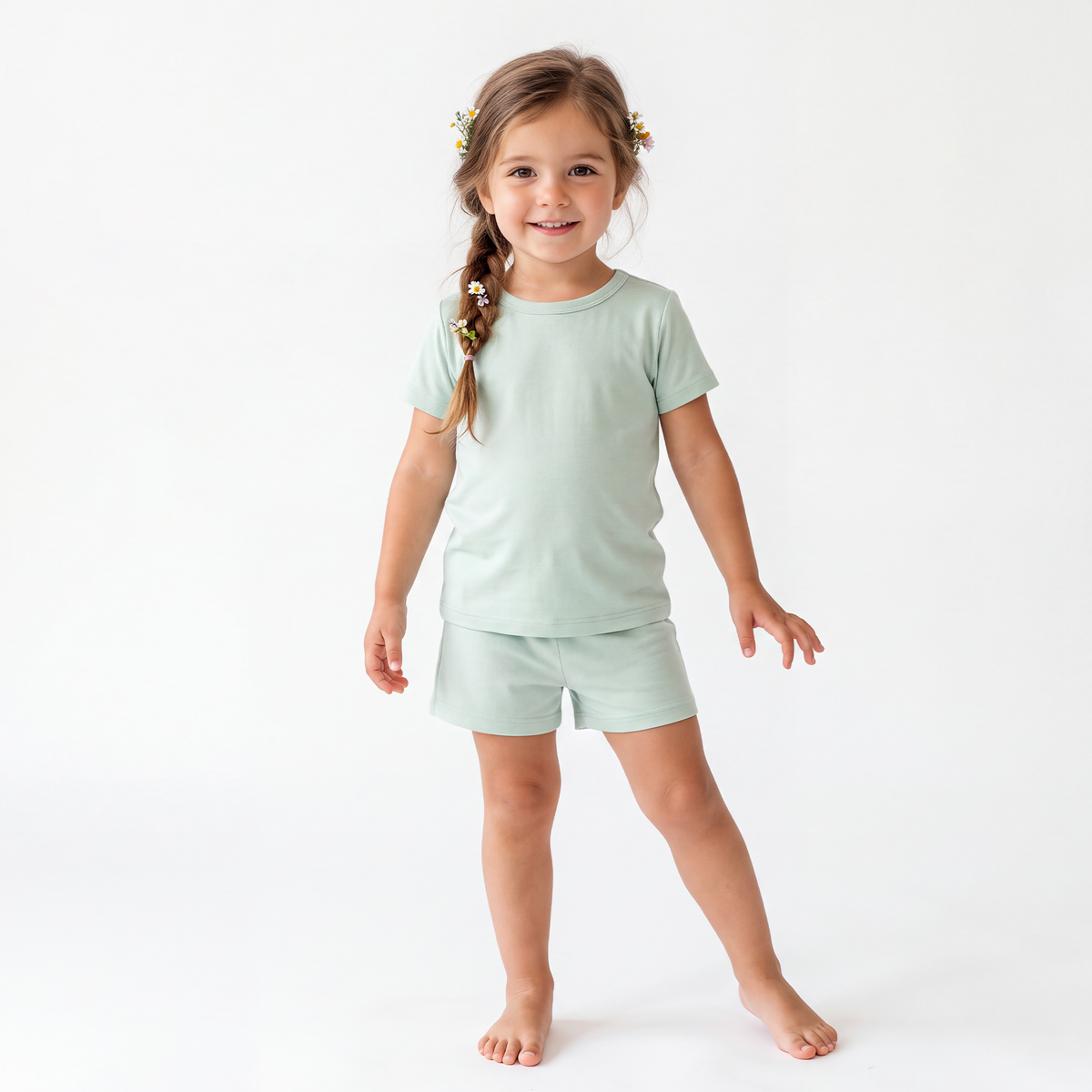 Kids Bamboo Two-Piece Pajama Set Sage Green Solid