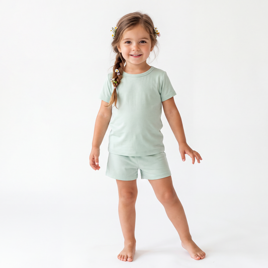Kids Bamboo Two-Piece Pajama Set Sage Green Solid