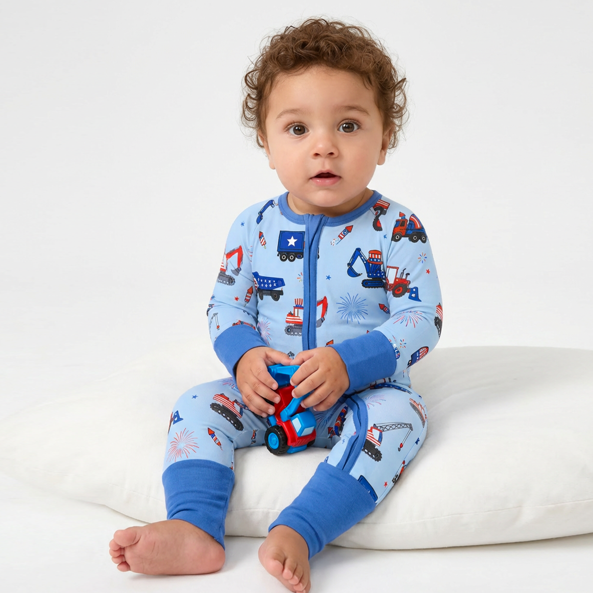 4th of July Stars Truck and Fireworks Blue Baby Bamboo Zipper Pajama Romper