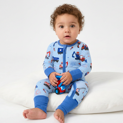 4th of July Stars Truck and Fireworks Blue Baby Bamboo Zipper Pajama Romper