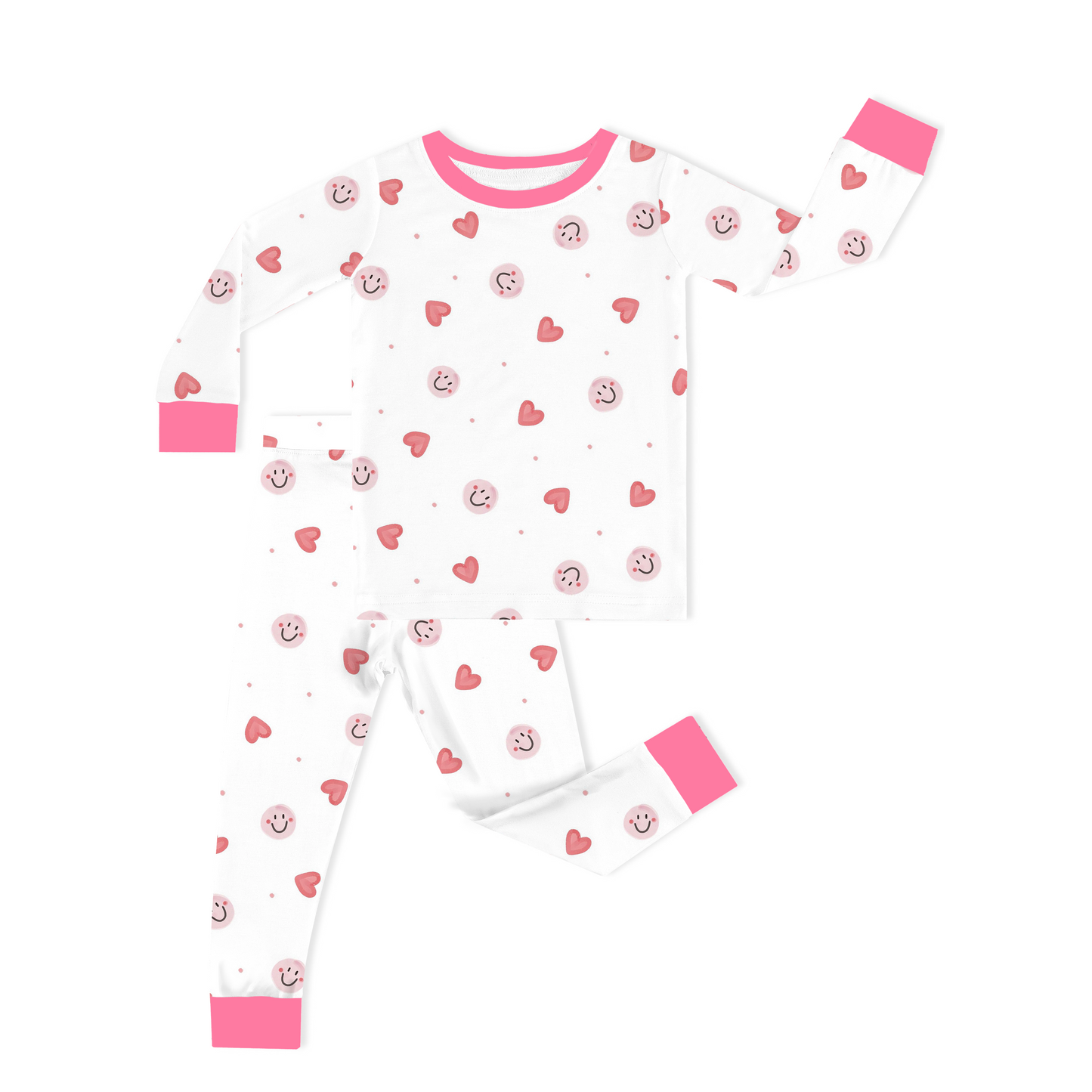 Sweet Hearts and Smiley Faces Pink Kids Two-Piece Pajama Set