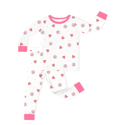 Sweet Hearts and Smiley Faces Pink Kids Two-Piece Pajama Set