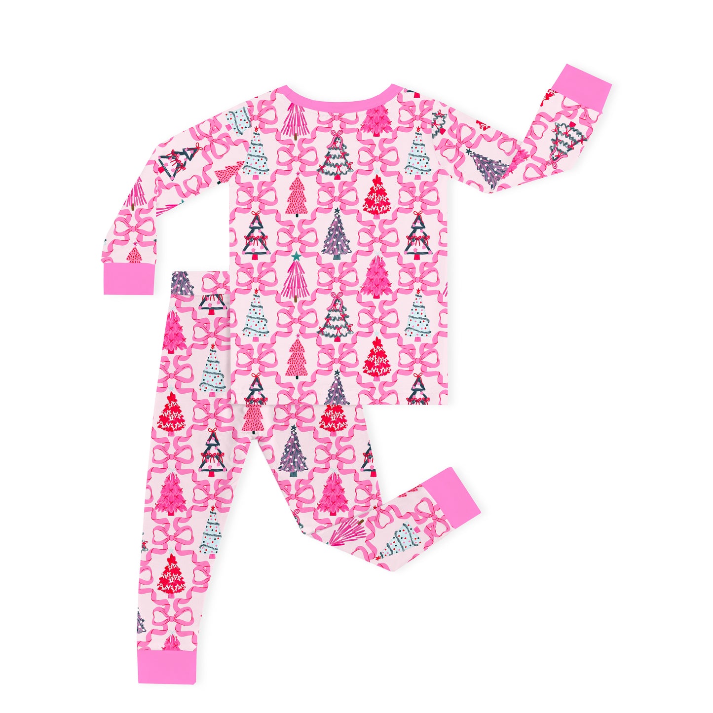 Christmas Coquette Bow Trees Kids Bamboo Two-Piece Pajama Set