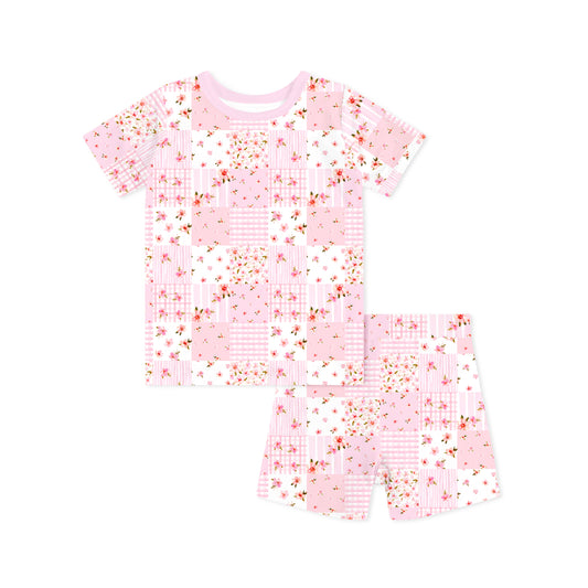 Valentine Floral Quilt Kids Bamboo Two-Piece Pajama Short Sleeve Set