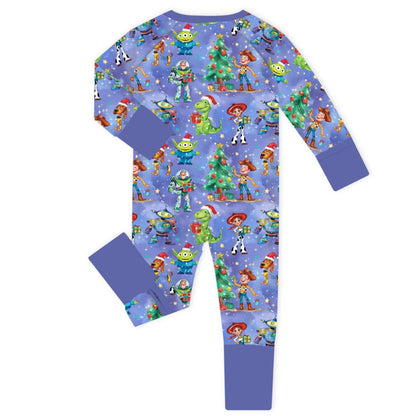 Christmas Toy and Dinosaur Friends Party Baby Bamboo Zipper Romper Pajamas