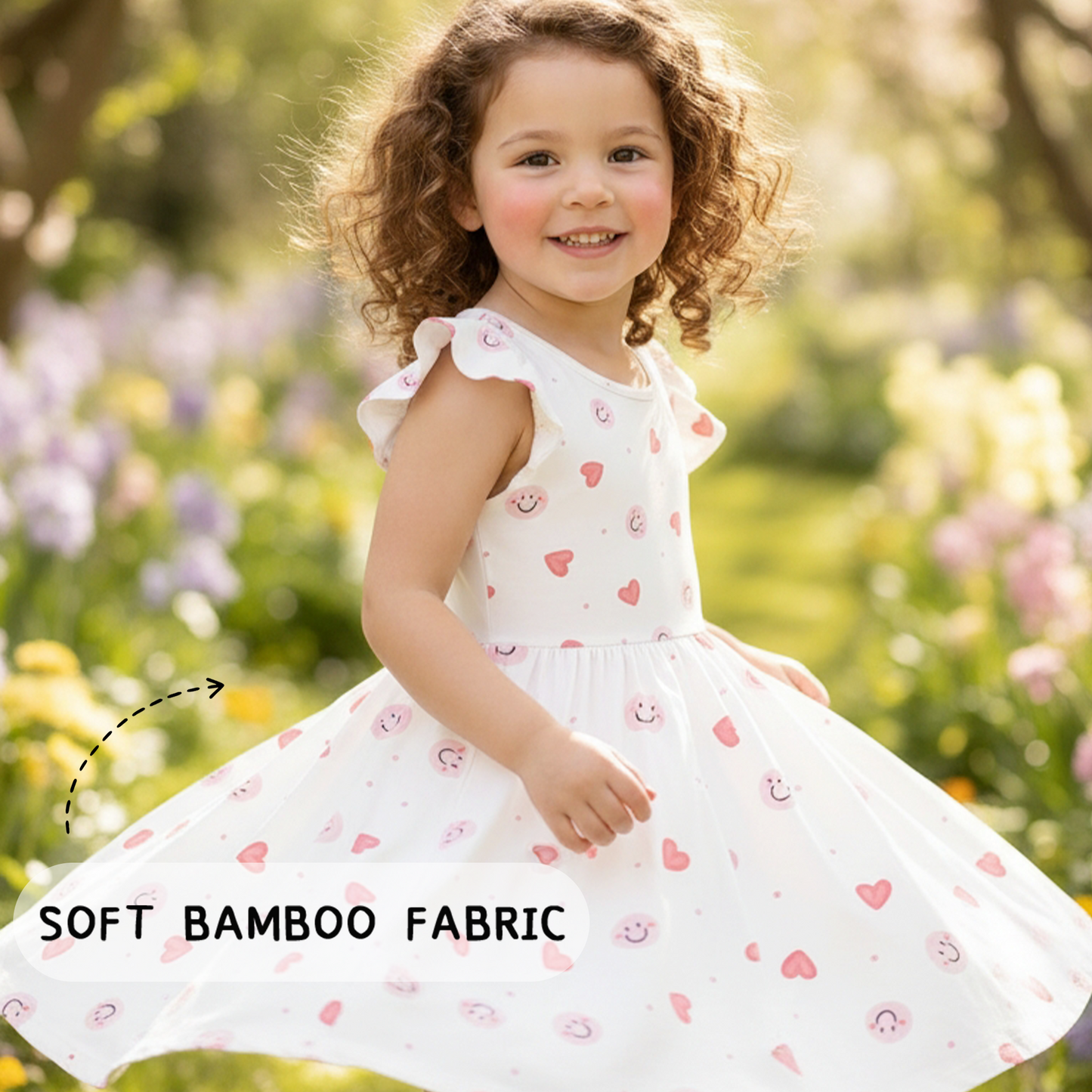 Sweet Hearts and Smiley Faces Pink Kids Bamboo Short Sleeves Dress