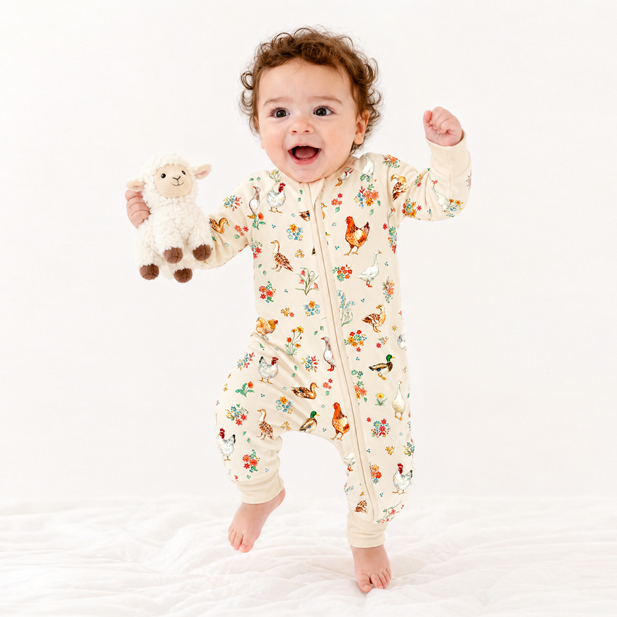 Baby Bamboo Zipper Pajama Romper Farm Duck and Chicken in Wildflower Floral