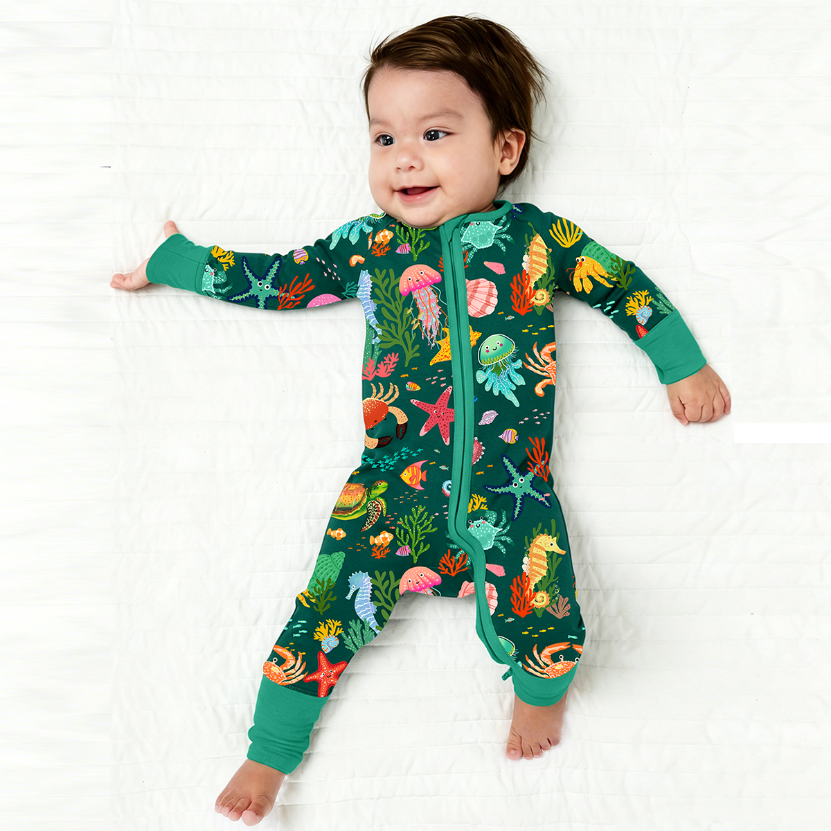 Baby Bamboo Zipper Pajama Romper Ocean Crab and Coral Reef Green