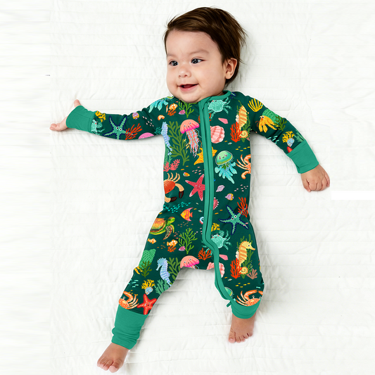 Ocean Crab and Coral Reef Green Bamboo Zipper Romper Pajamas