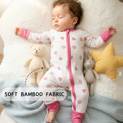Sweet Hearts and Smiley Faces Pink Bamboo Zipper Romper Pajamas