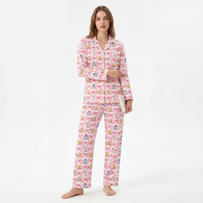 Sunny Bear and Pig Friends Bow Print Bamboo Women's Pajamas Set