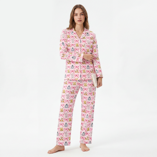 Sunny Bear and Pig Friends Bow Print Bamboo Women's Pajamas Set