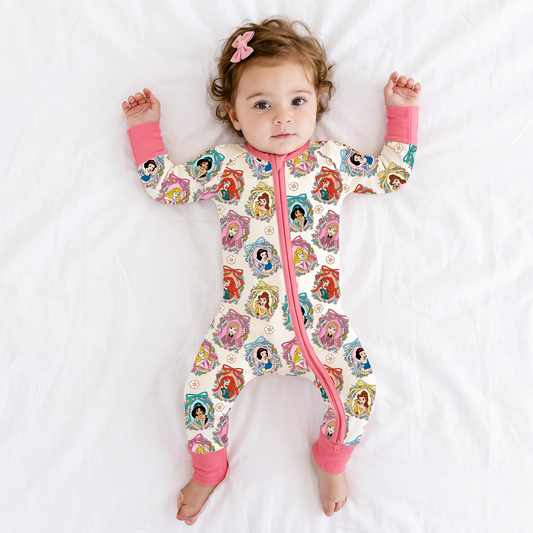 Pink Princess Royal Bow Bamboo Zipper Romper Pajamas