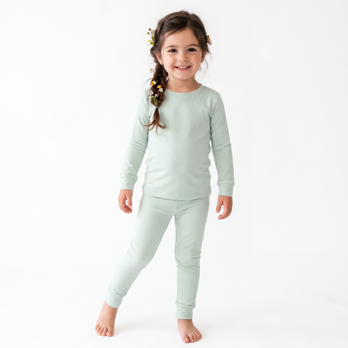 Sage Green Solid Kids Two-Piece Pajama Set