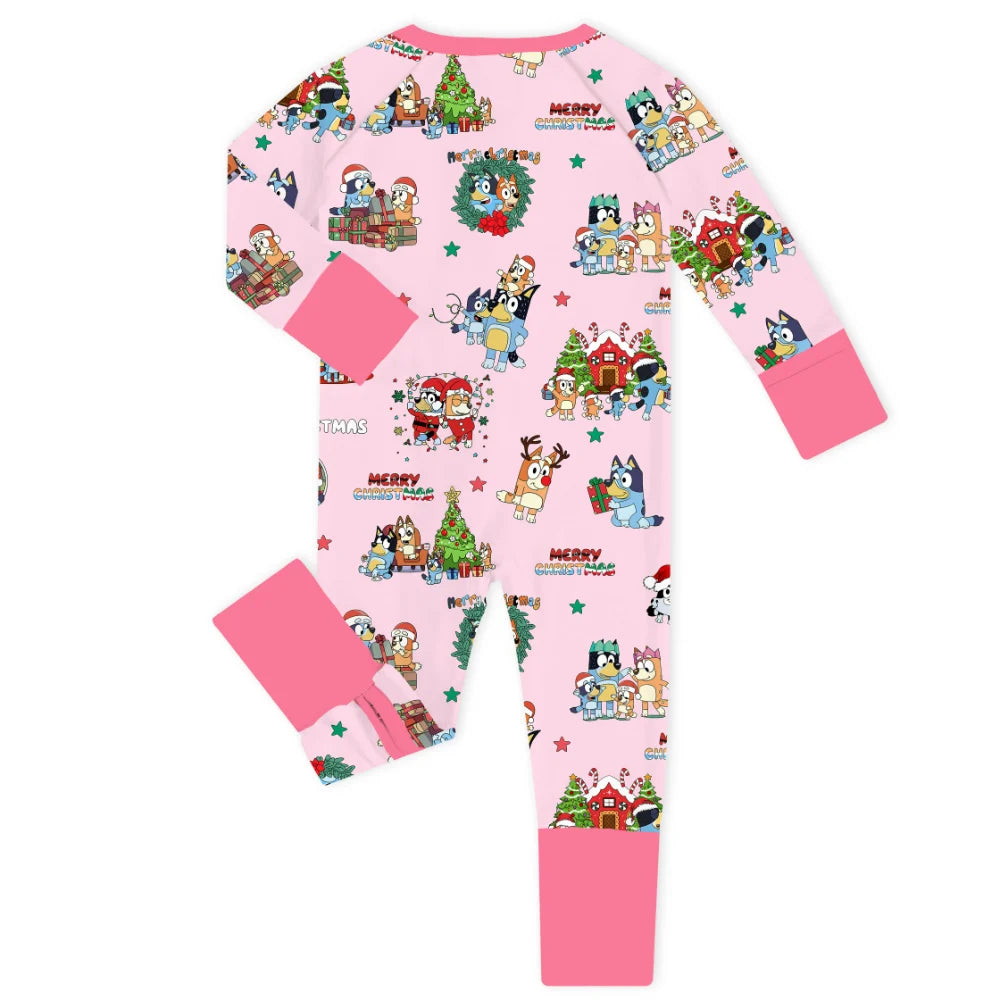 Christmas Dog Friends and Trees Gifts on Pink Baby Bamboo Zipper Romper Pajamas