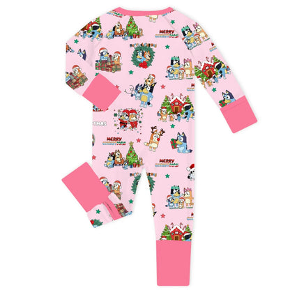 Christmas Dog Friends and Trees Gifts on Pink Baby Bamboo Zipper Romper Pajamas