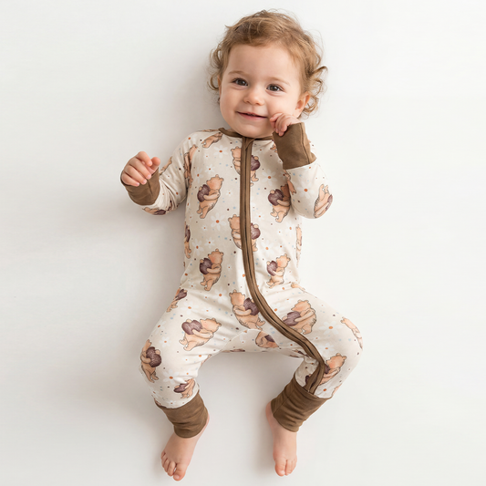 Cozy Beige Bear Pattern Bamboo Zipper Pajamas