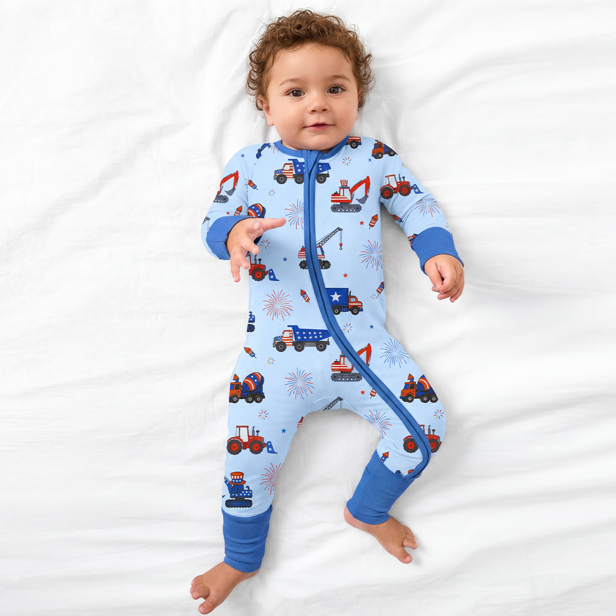4th of July Stars Truck and Fireworks Blue Baby Bamboo Zipper Pajama Romper