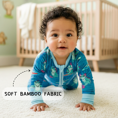 Surfing Dino Ocean Island Bamboo Zipper Romper Pajamas