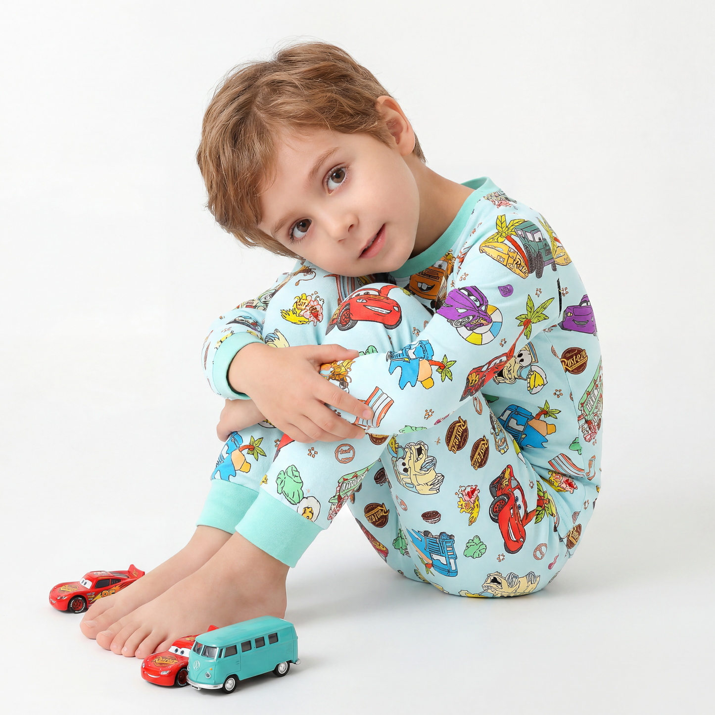 Vintage Cars Road Trip Mint Green Kids Two-Piece Pajama Set