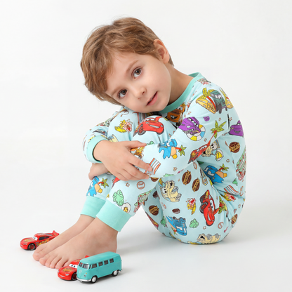 Vintage Cars Road Trip Mint Green Kids Two-Piece Pajama Set